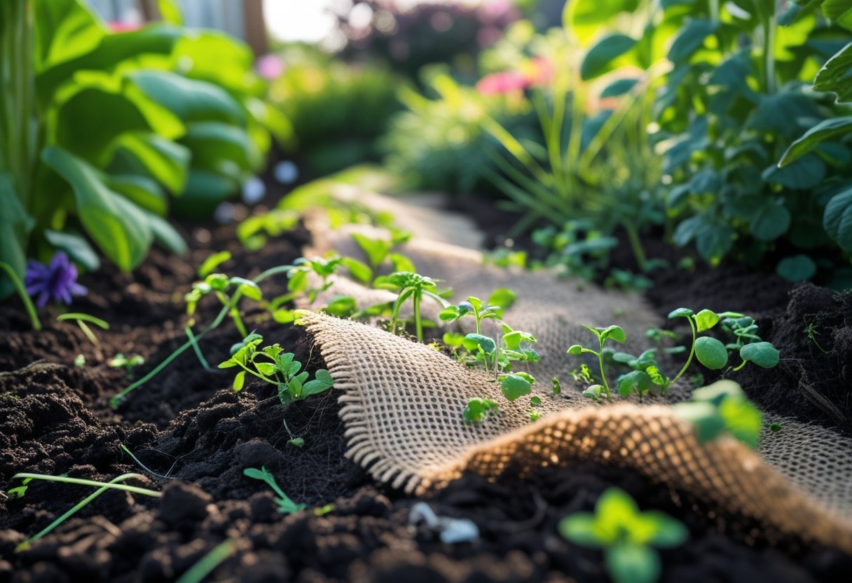 Close-up of a garden bed with burlap fabric laid over soil, small plants growing through the fabric, and surrounding greenery.
