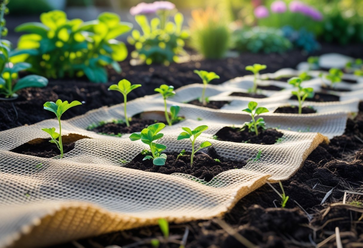 Close-up of natural fiber landscape fabric used as a weed barrier in a garden with small plants growing through it and soil around.