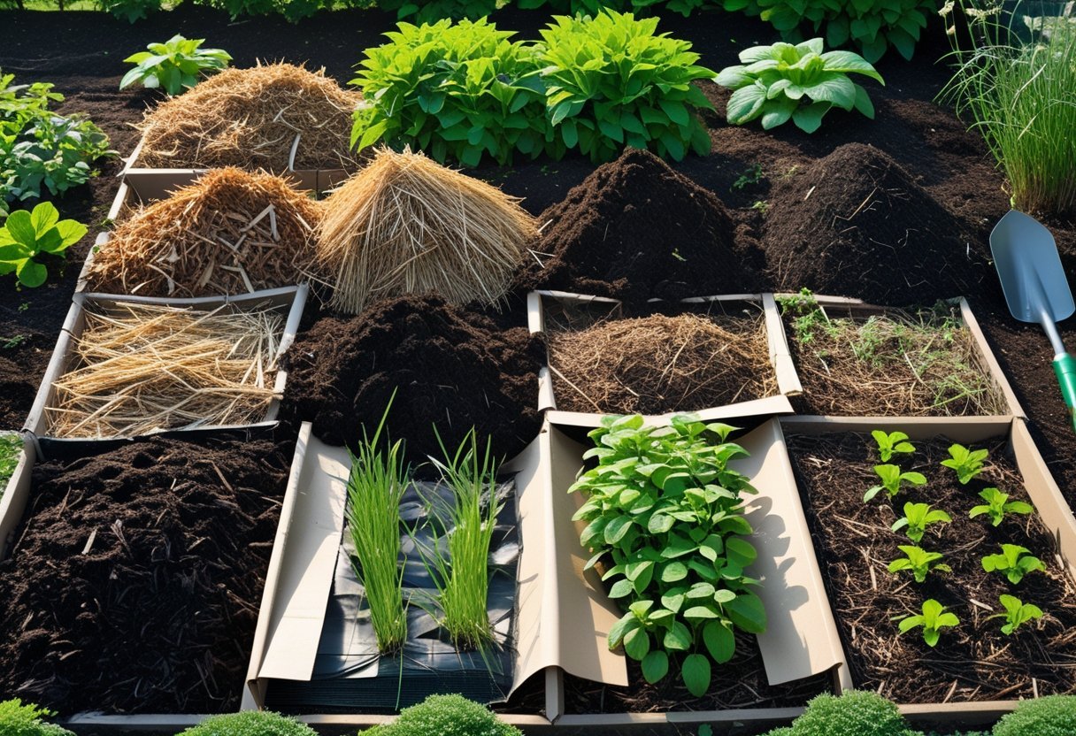 A garden with ten different natural compost and mulch weed barrier methods displayed in healthy garden beds with green plants and gardening tools nearby.