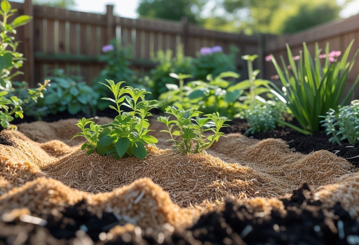 Close-up of a garden bed covered with sawdust as a natural weed barrier around green plants and shrubs.