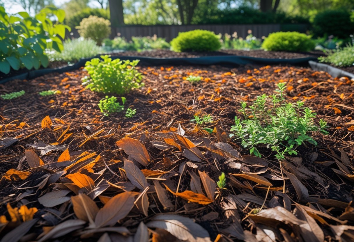 A garden bed covered with brown leaf mulch serving as a natural weed barrier, with green plants growing through it and sunlight filtering through nearby trees.