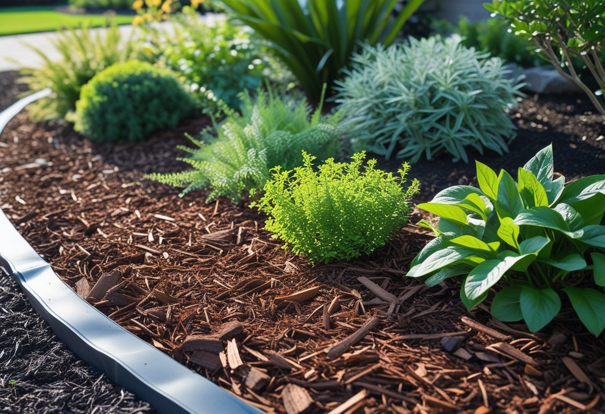 A garden bed with green plants surrounded by a thick layer of natural bark mulch used as a weed barrier.