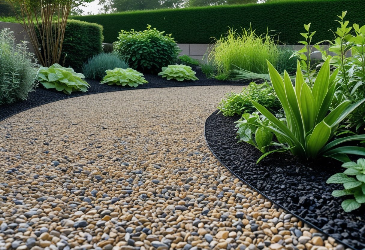 A garden area with a gravel-covered pathway surrounded by green plants and shrubs, showing no weeds growing through the gravel.