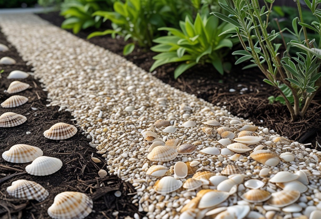 Close-up of a garden pathway covered with crushed seashells used as a natural weed barrier, surrounded by green plants.
