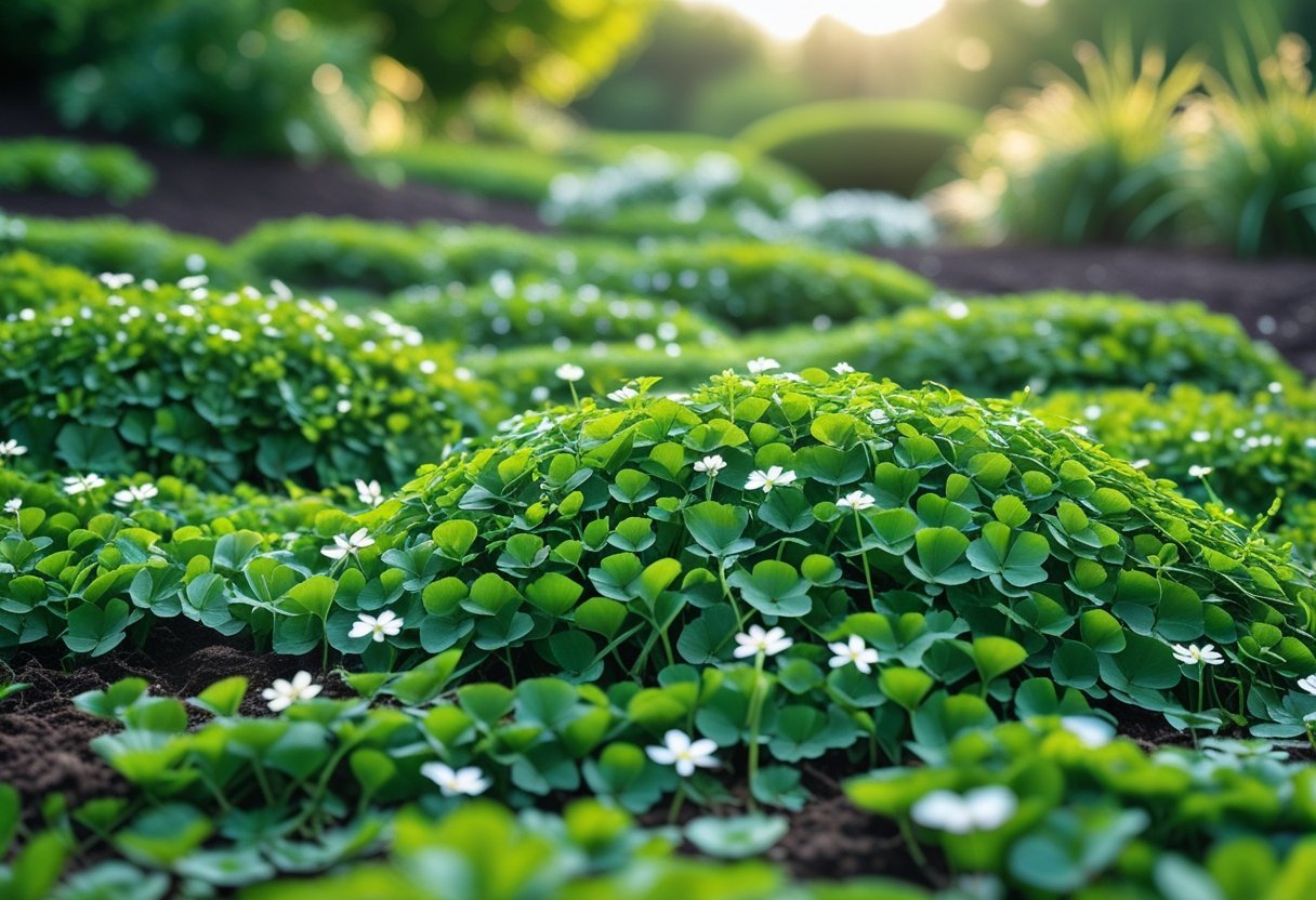 Close-up of dense green clover ground cover with small white flowers forming a natural weed barrier in a garden.