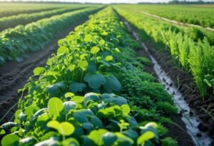 A field with dense green cover crops growing between rows of soil, showing natural weed suppression under a clear blue sky.