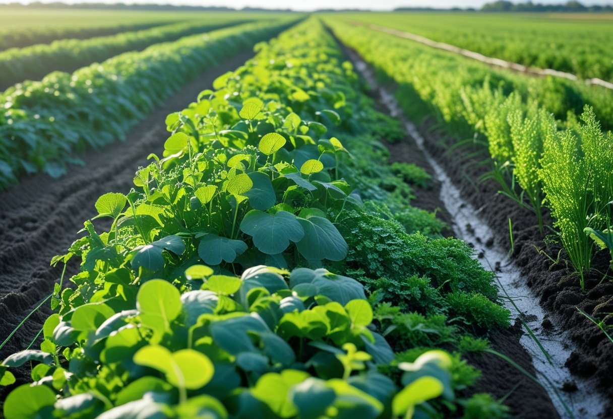 A field with dense green cover crops growing between rows of soil, showing natural weed suppression under a clear blue sky.