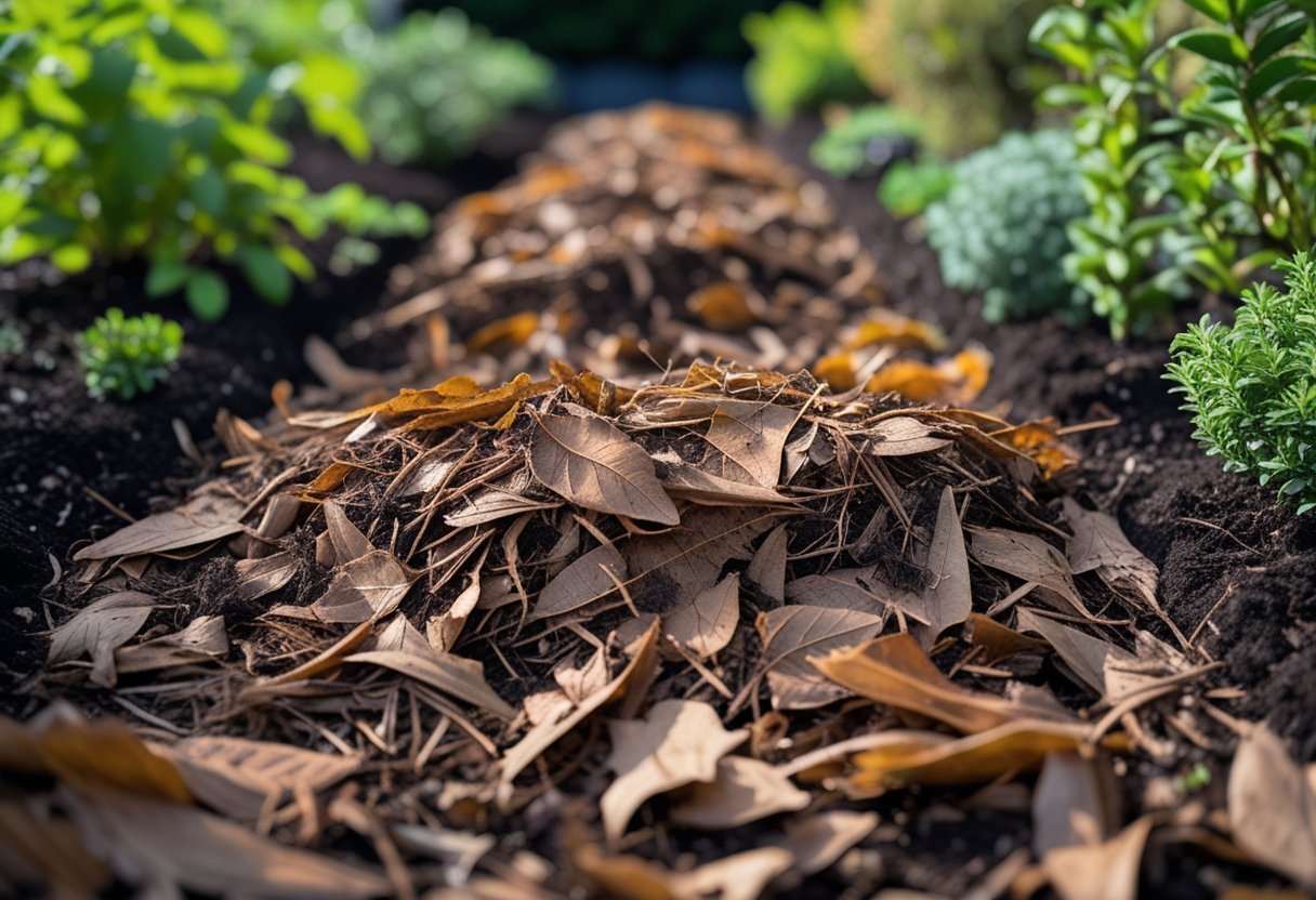 A garden bed covered with shredded leaves used as a natural weed barrier, surrounded by green plants.