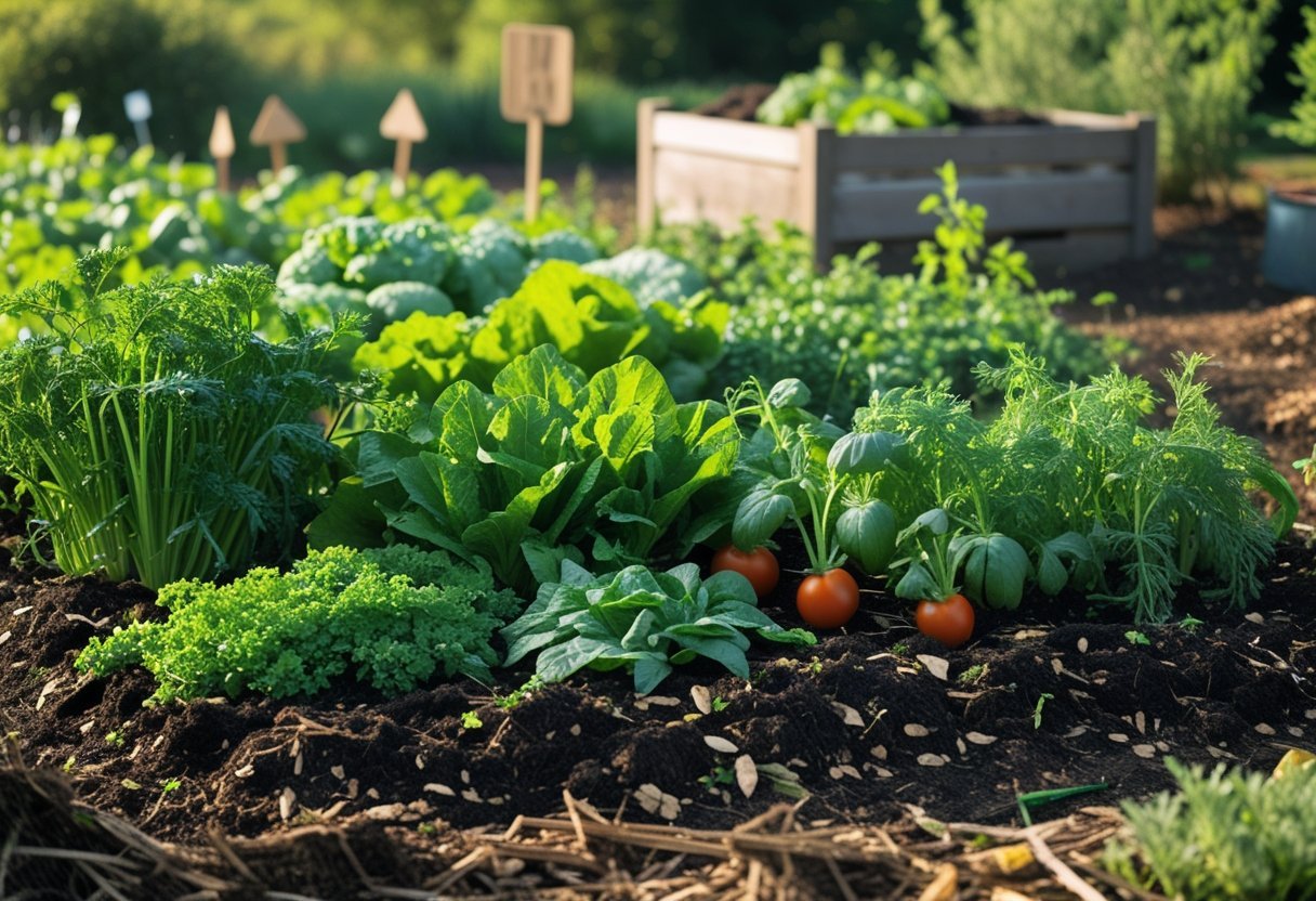 A garden with healthy vegetables growing in undisturbed soil covered by natural mulch and organic matter.