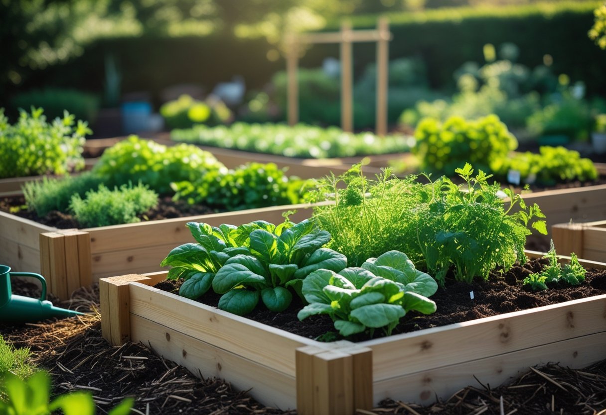Raised wooden garden beds filled with healthy green plants and dark soil in an outdoor garden setting.