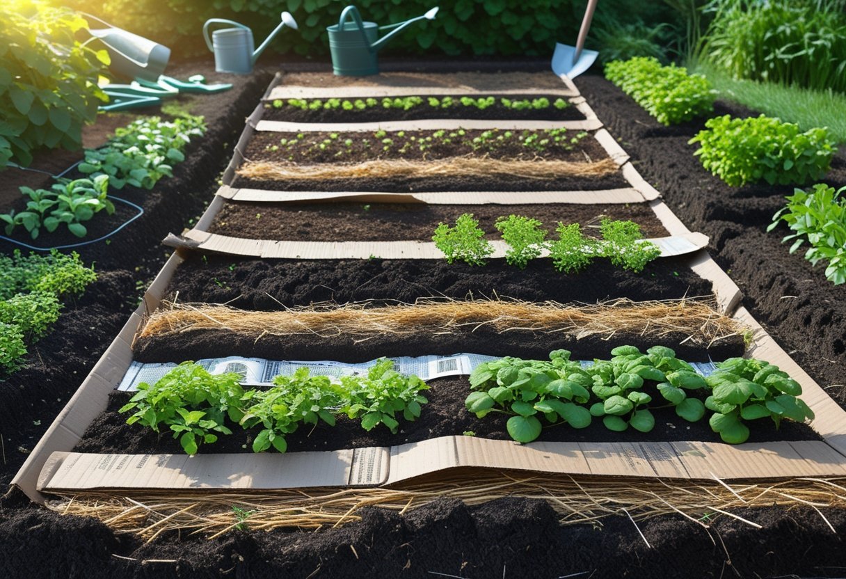 A garden bed layered with organic materials for sheet mulching, surrounded by green plants and garden tools in a sunny outdoor setting.
