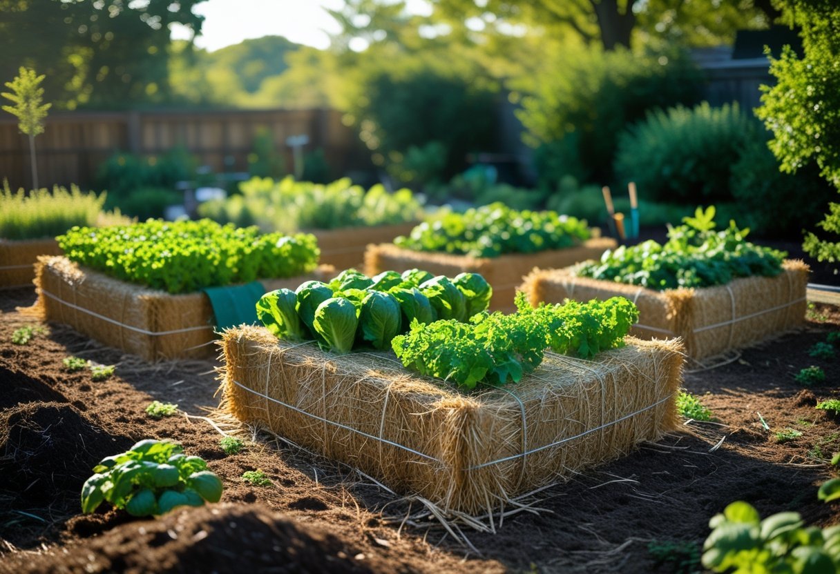 A backyard garden with straw bales planted with vegetables and herbs, showing a no-till gardening setup under sunlight.
