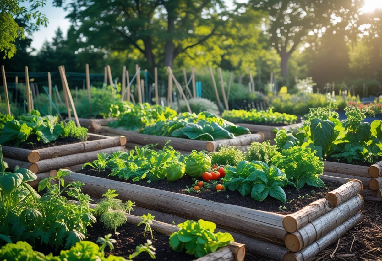 A garden with raised hugelkultur beds filled with healthy vegetables and herbs, surrounded by trees and mulch pathways under a clear sky.