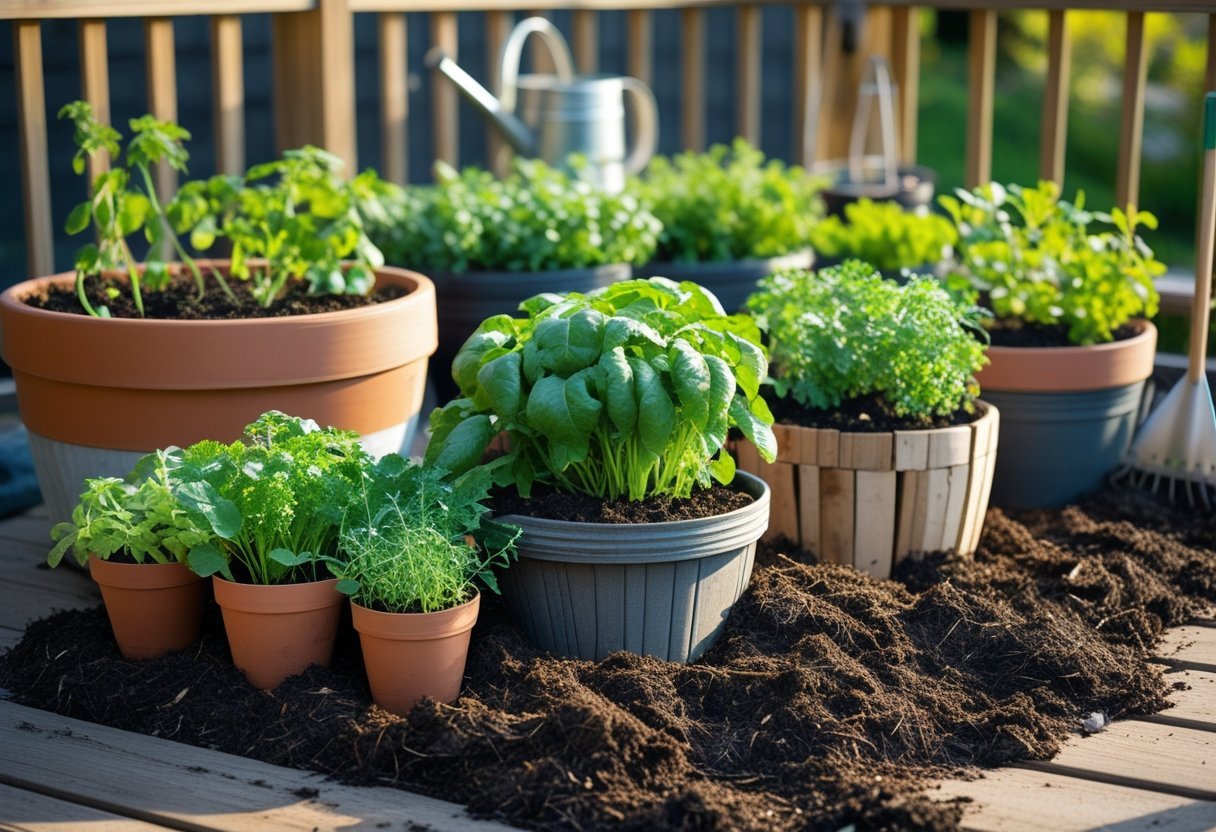 A variety of containers filled with healthy plants and rich soil arranged on a wooden deck, showing a no-till container gardening setup.