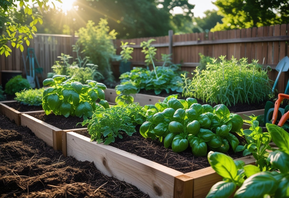 A backyard garden with thick wood mulch covering the soil, healthy vegetables and herbs growing densely, and natural wooden raised beds under soft sunlight.