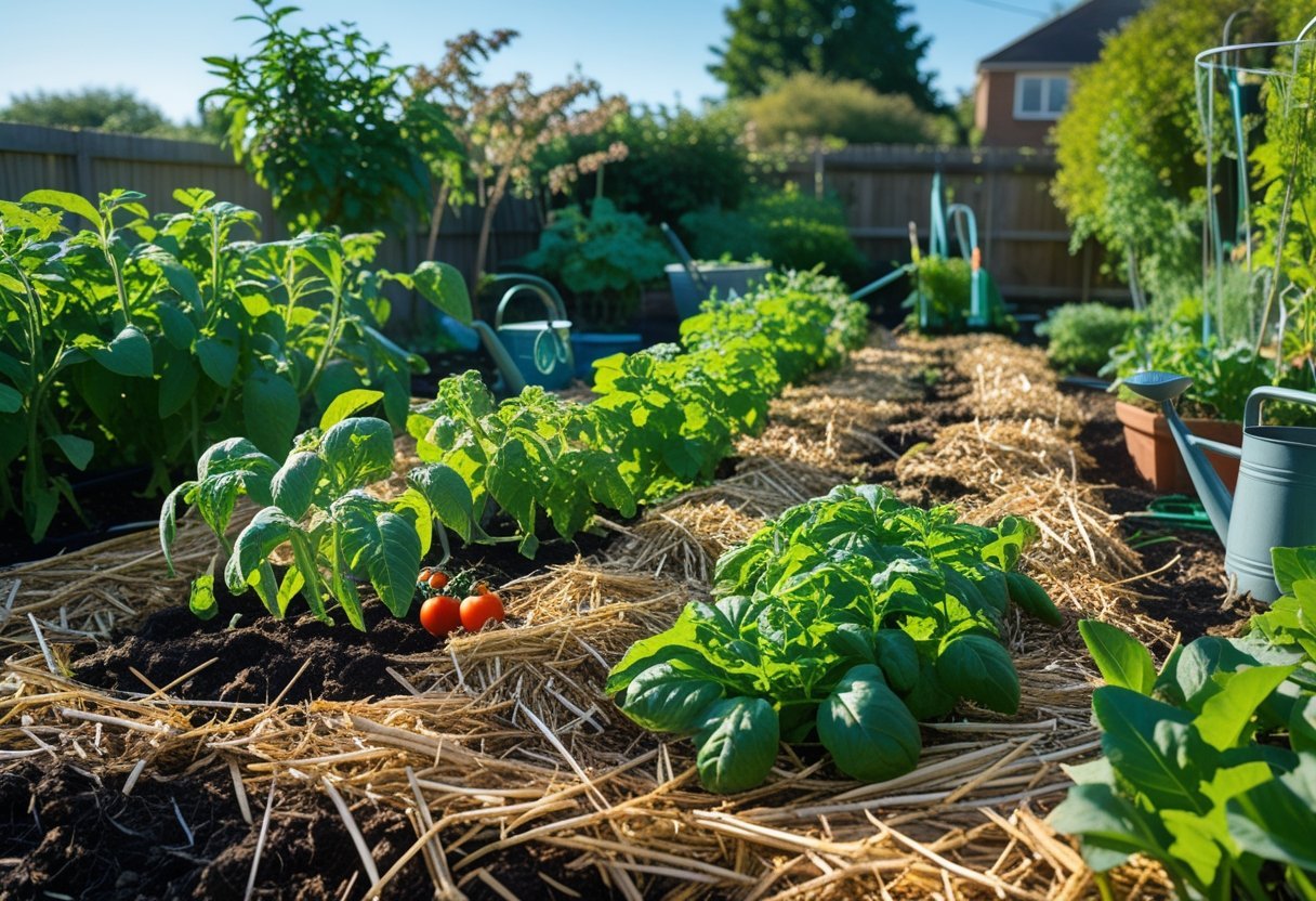 A backyard garden with thick straw mulch and healthy vegetable plants growing through it, surrounded by green plants and garden tools.