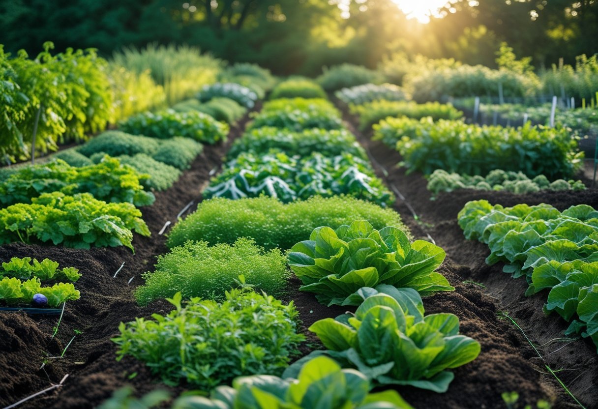 A vibrant no-till garden bed with dense green cover crops and living mulch growing among healthy vegetable plants under soft sunlight.