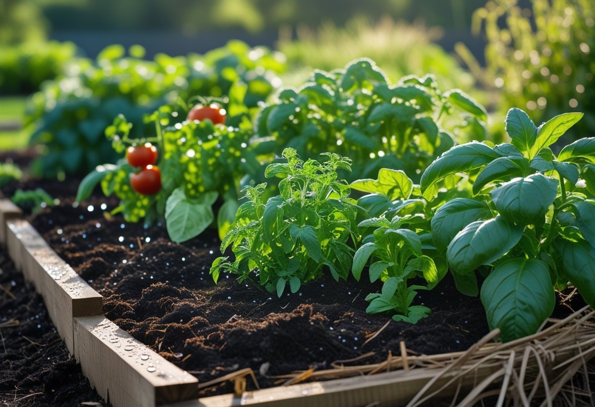 A garden bed with healthy vegetable plants growing in dark soil covered by thick organic mulch layers.