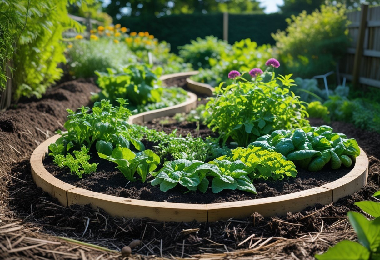 A circular keyhole garden bed filled with various vegetables and herbs growing in rich soil, surrounded by mulch and plants in a sunny backyard.