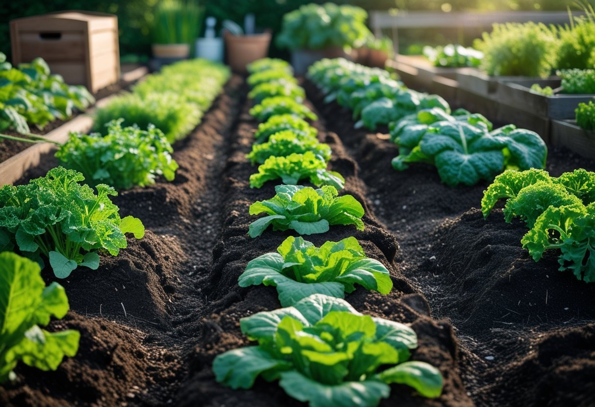 A vegetable garden with healthy plants growing in rows over trenches filled with compost, showing sustainable no-till gardening.