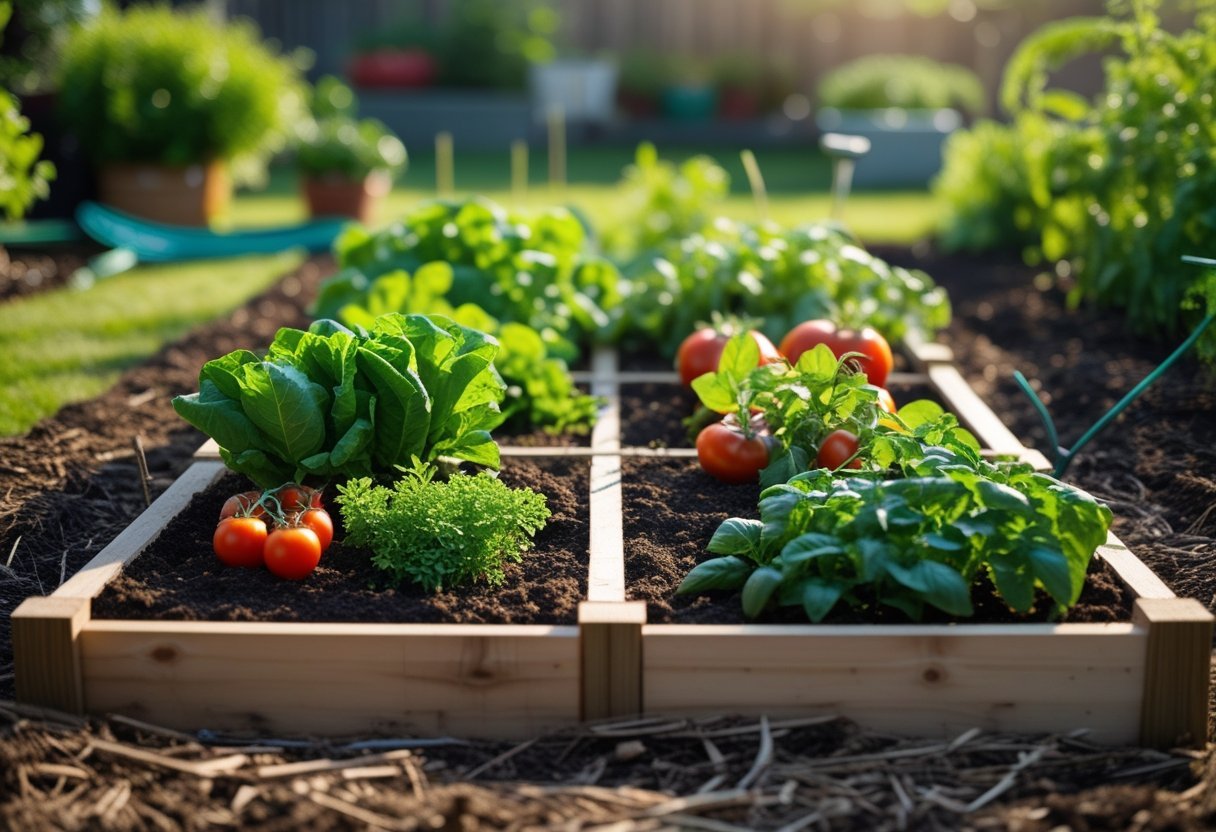 A raised square foot garden bed with various vegetables and herbs growing in separate square sections outdoors.