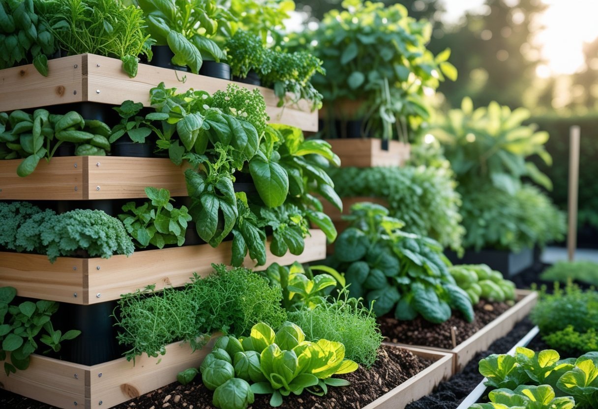 A vertical garden with healthy green plants growing in layered planters outdoors under natural sunlight.