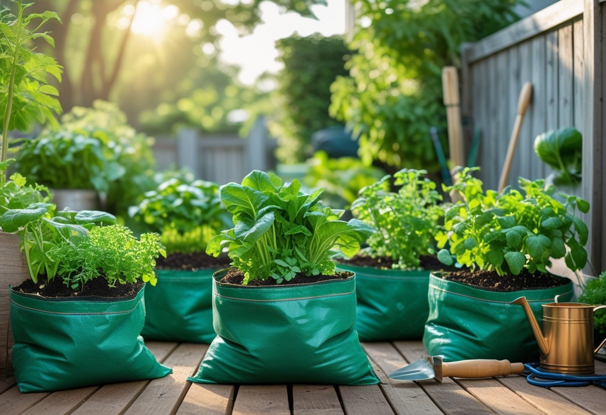 Grow bags with healthy plants growing on a wooden deck in a sunny outdoor garden.