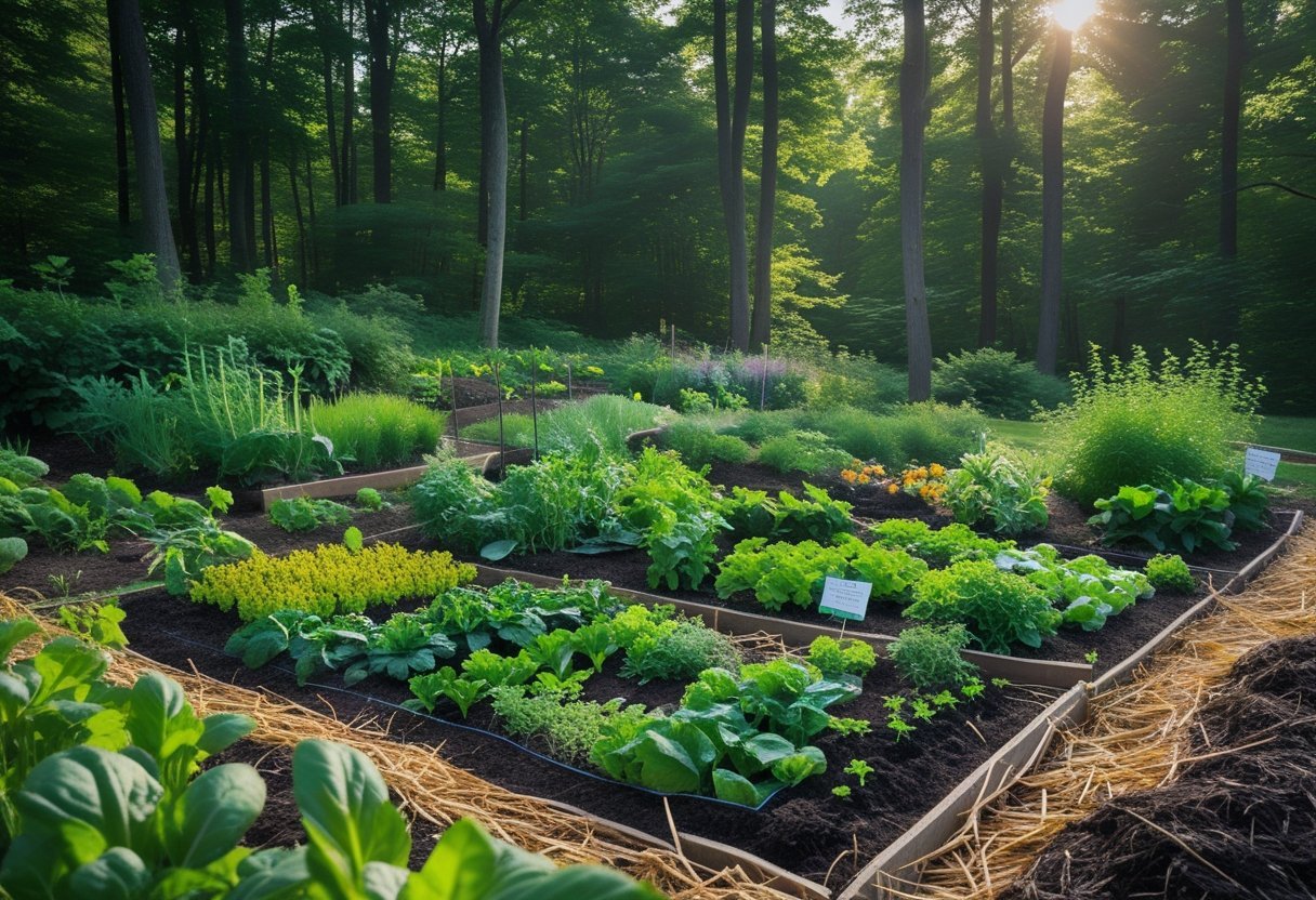 A garden bed at the edge of a forest with various plants growing in natural mulch under soft sunlight.
