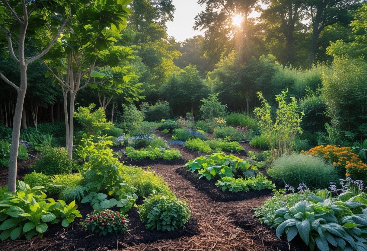 A lush forest garden with fruit trees, shrubs, and ground cover plants growing in rich soil covered by natural mulch, showing a diverse and thriving food forest.