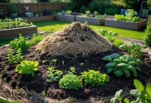 A backyard compost mound with layered organic materials and green plants growing around it in a garden.