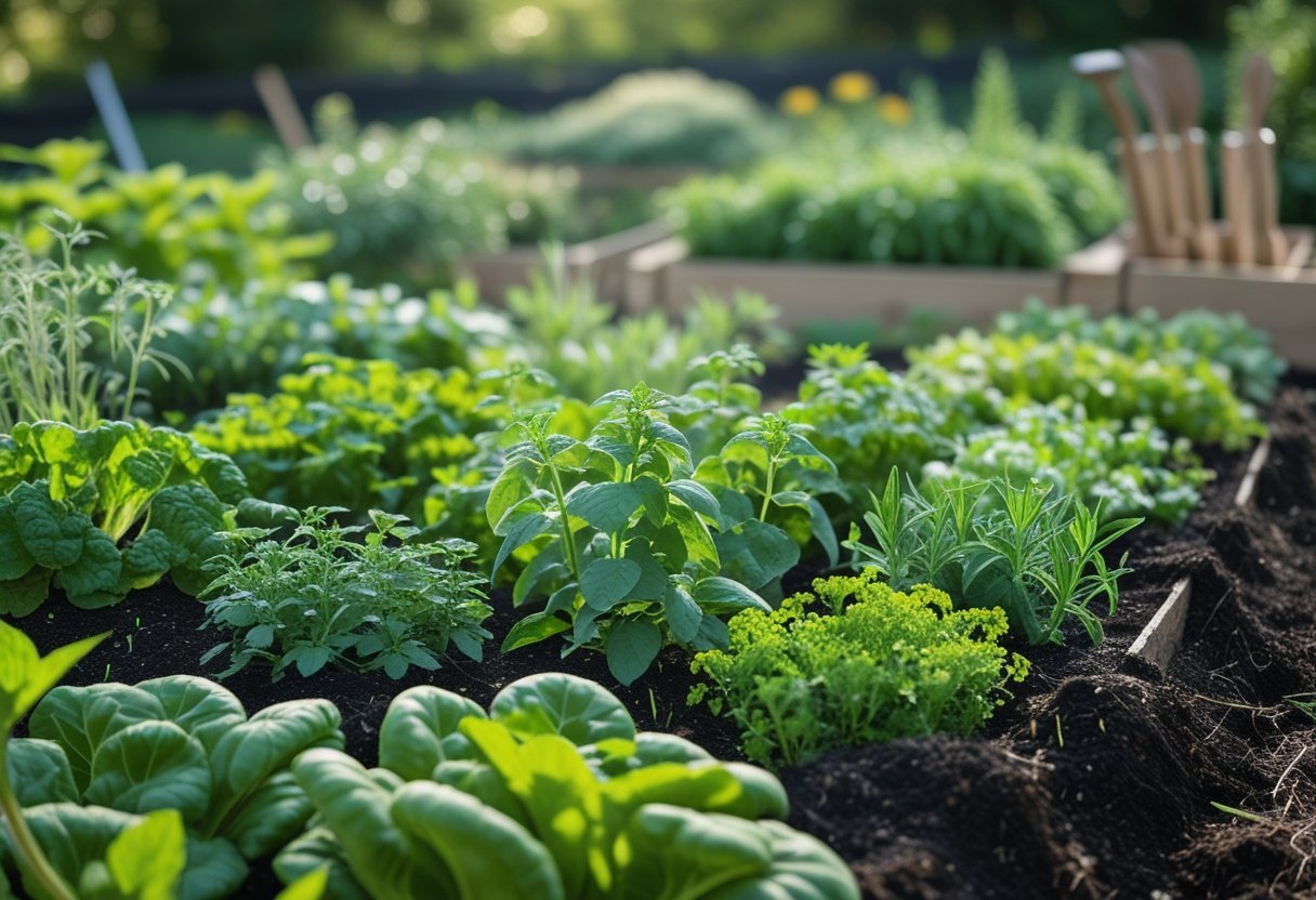 A diverse garden bed with various plants growing closely together in healthy, undisturbed soil under natural sunlight.