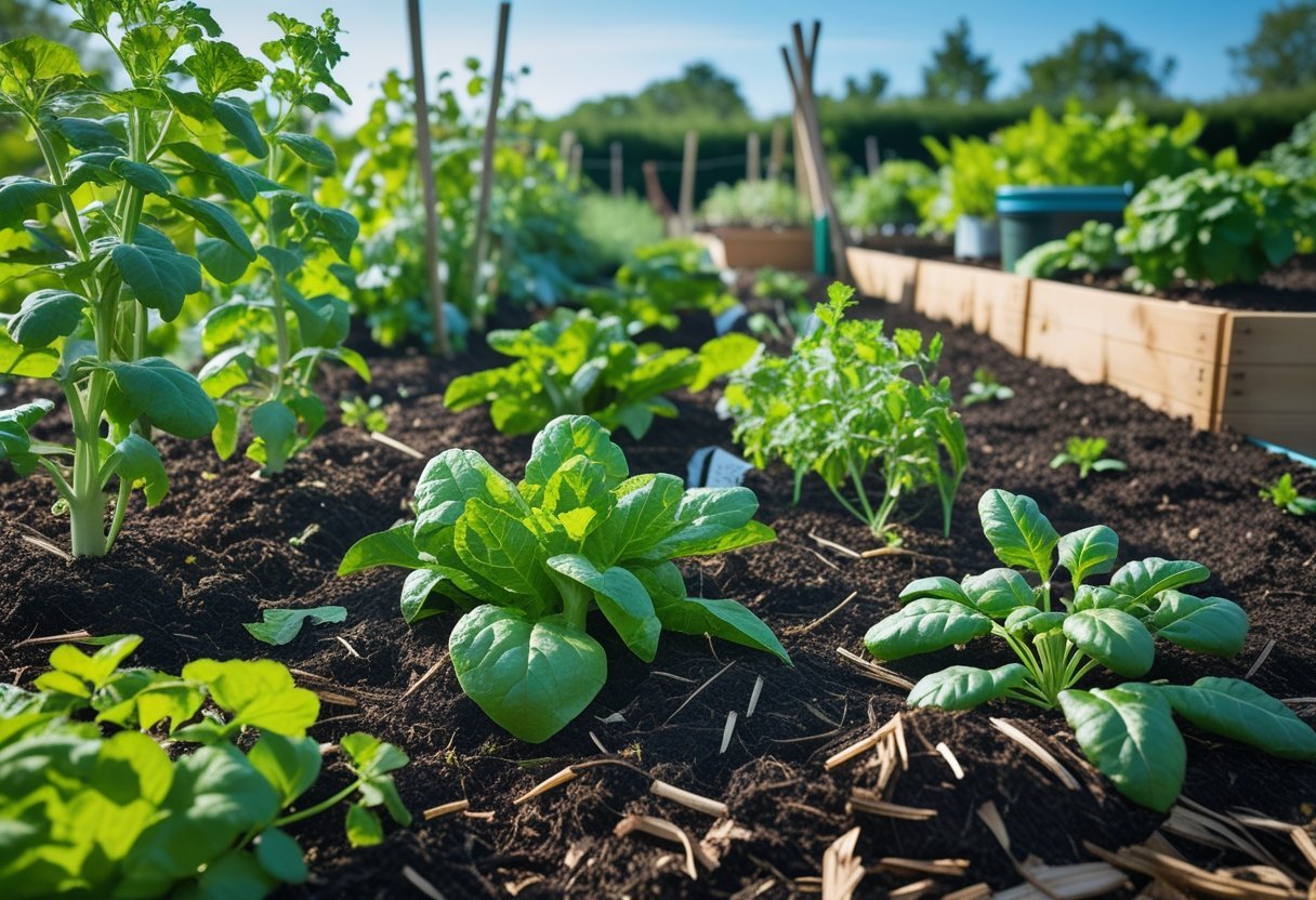A no-till garden with green plants growing in soil covered by chopped plant material and mulch, with a wooden raised bed and gardening tools nearby.