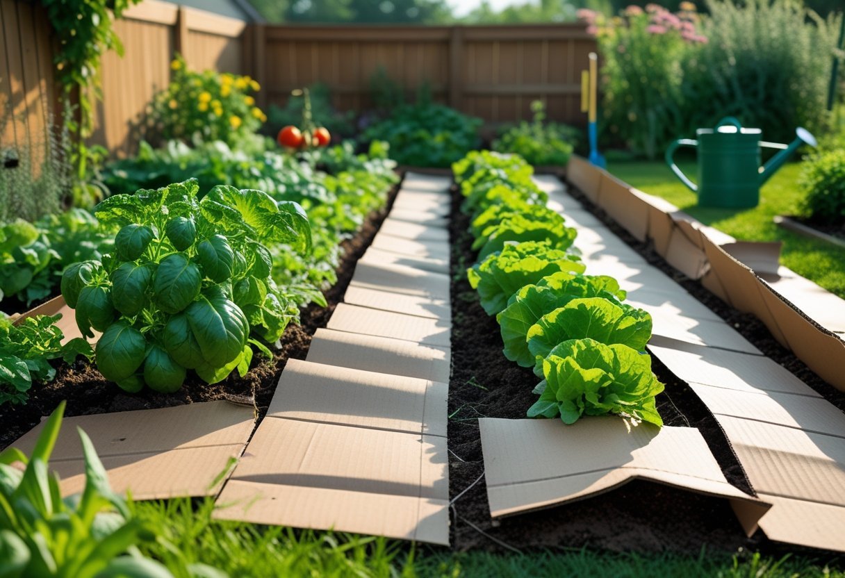 A vegetable garden with plants growing through cardboard sheets used as mulch covering the soil.