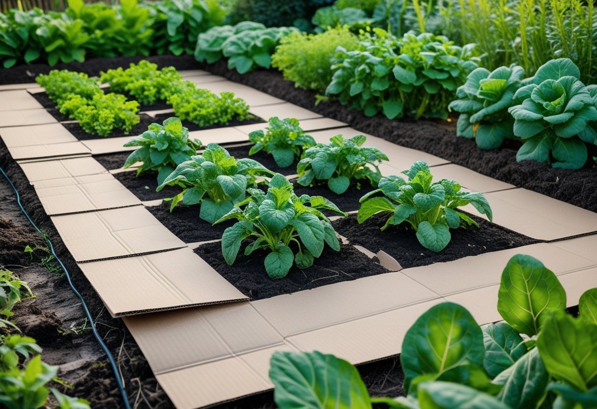 A vegetable garden bed with healthy plants growing through openings in cardboard sheets used as mulch to suppress weeds.