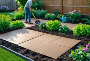 A gardener laying cardboard sheets on soil to create new flower beds in a backyard garden surrounded by plants and gardening tools.