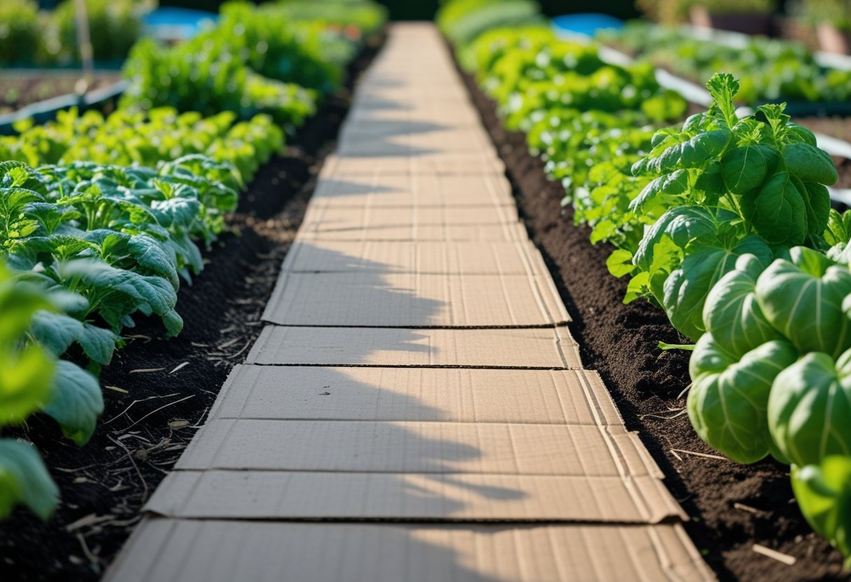A garden pathway lined with cardboard sheet mulch between rows of green plants.