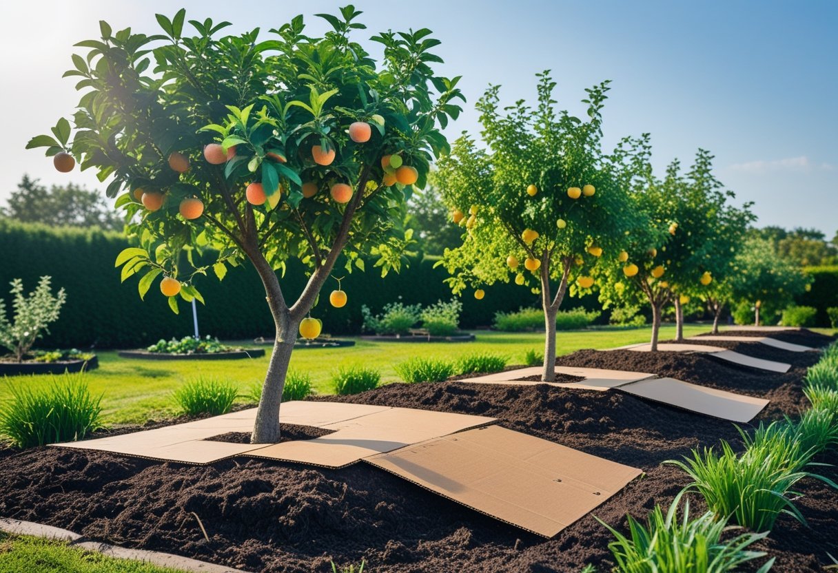 A garden with fruit trees mulched using large sheets of cardboard around their bases, surrounded by soil and greenery.
