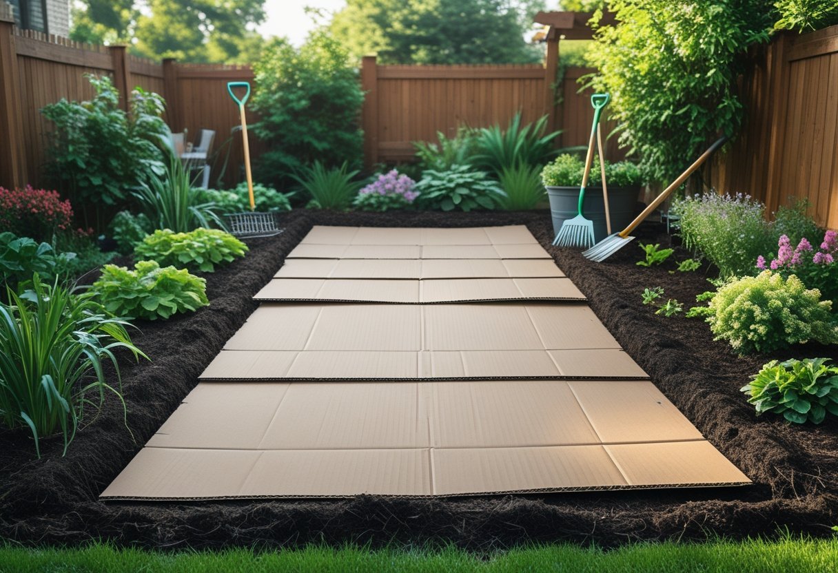 A backyard garden area with cardboard sheets laid on the soil for sheet mulching, surrounded by plants and garden tools.
