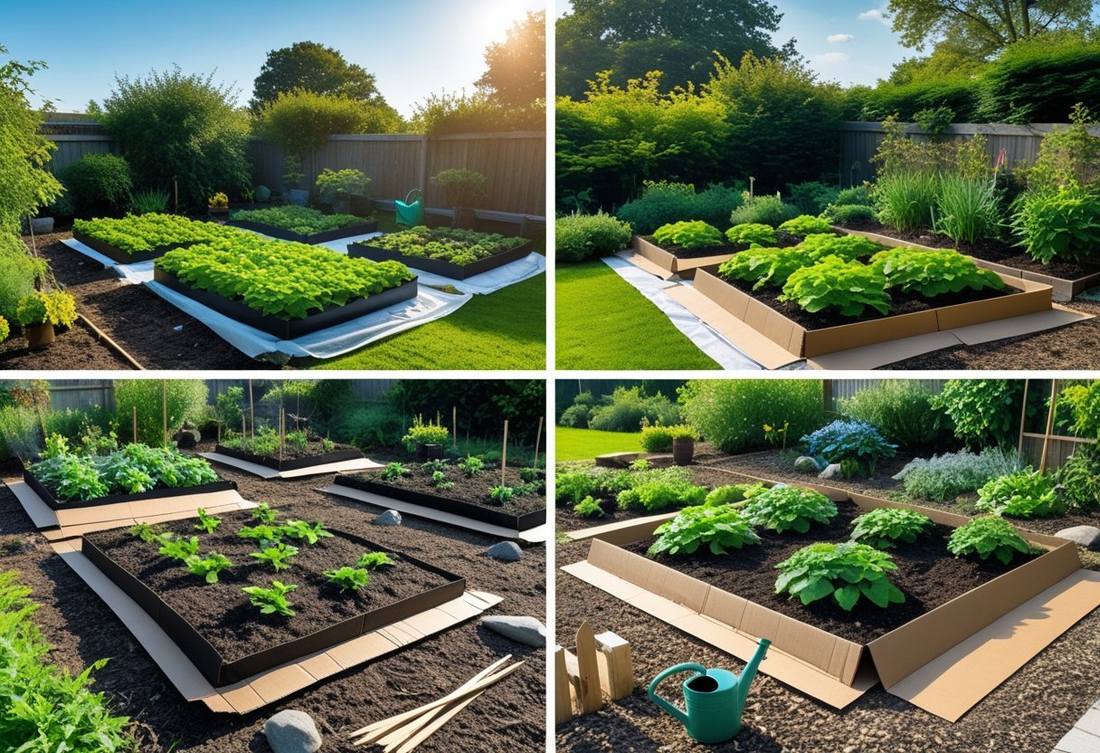 Six garden beds outdoors showing cardboard sheets laid over soil as a base layer for composting, surrounded by plants and gardening tools.