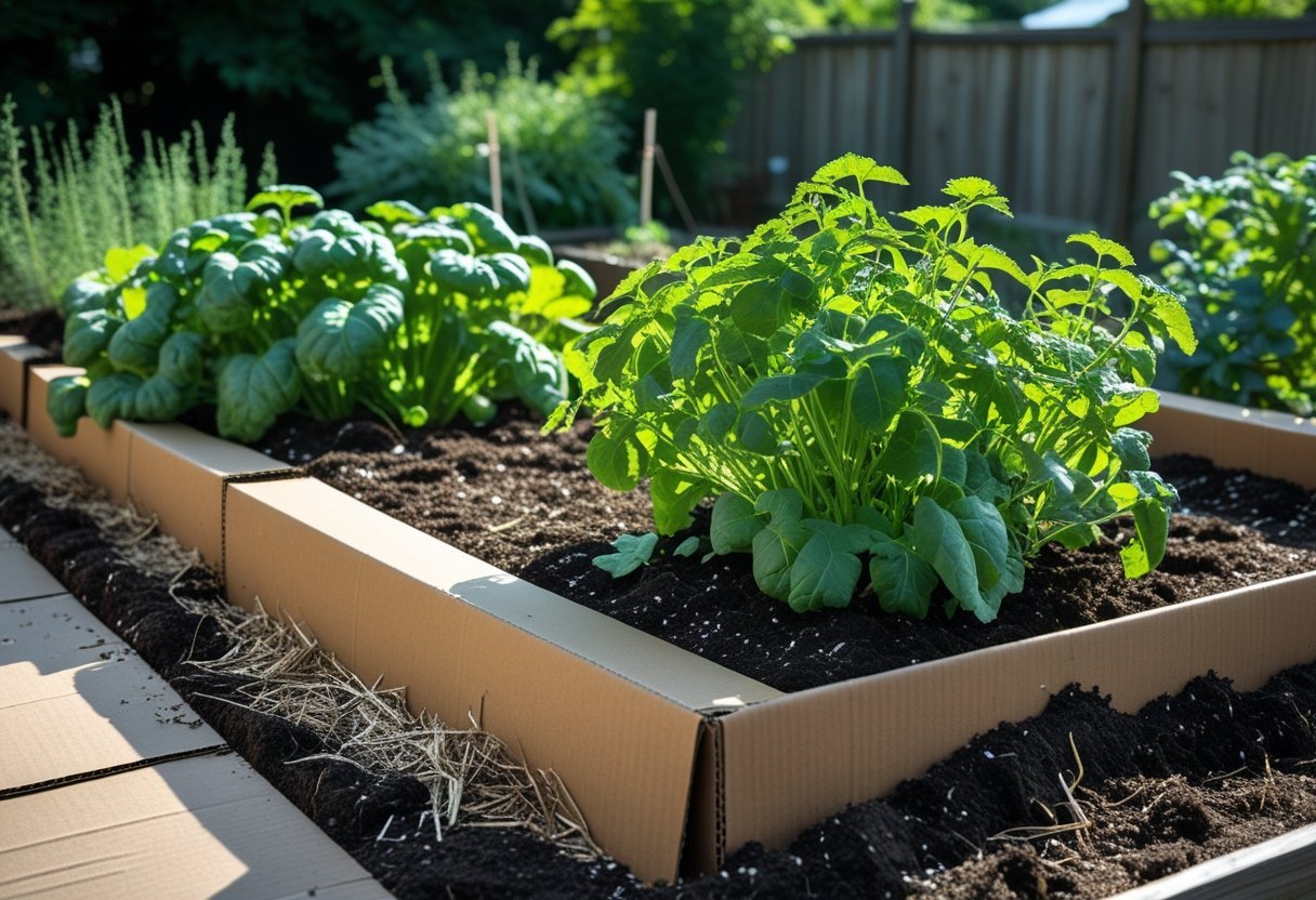Raised garden bed with green plants growing above cardboard sheets used as mulch on the soil.