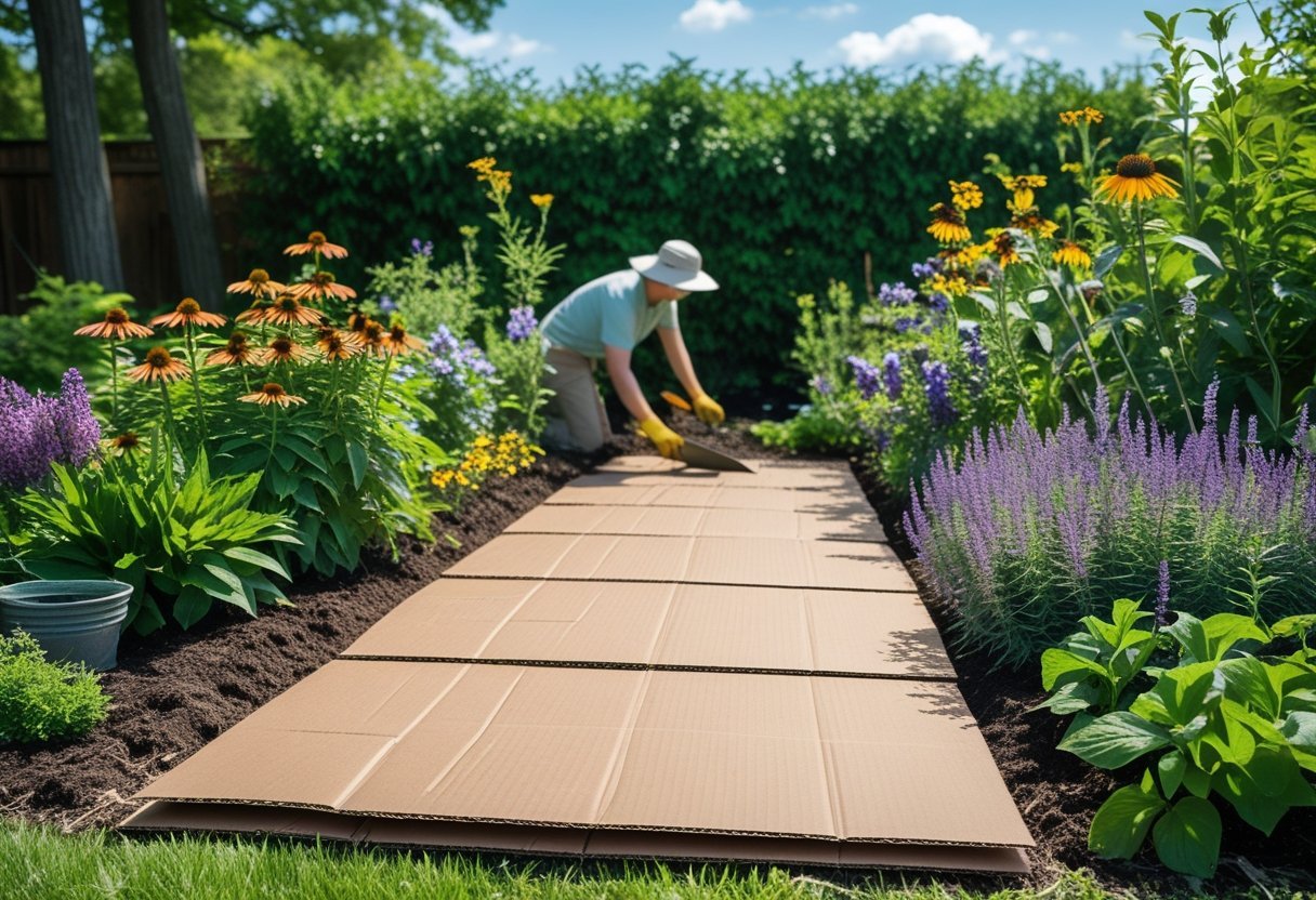 A gardener laying cardboard sheets over soil in a garden with flowering plants and pollinators like bees and butterflies.