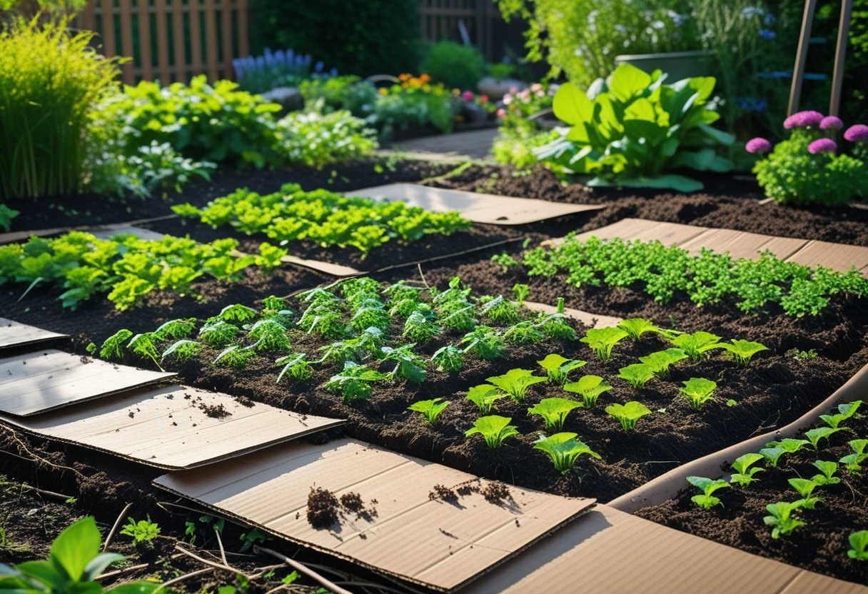 A garden bed covered with cardboard sheets used as mulch, with green plants and seedlings growing around it.