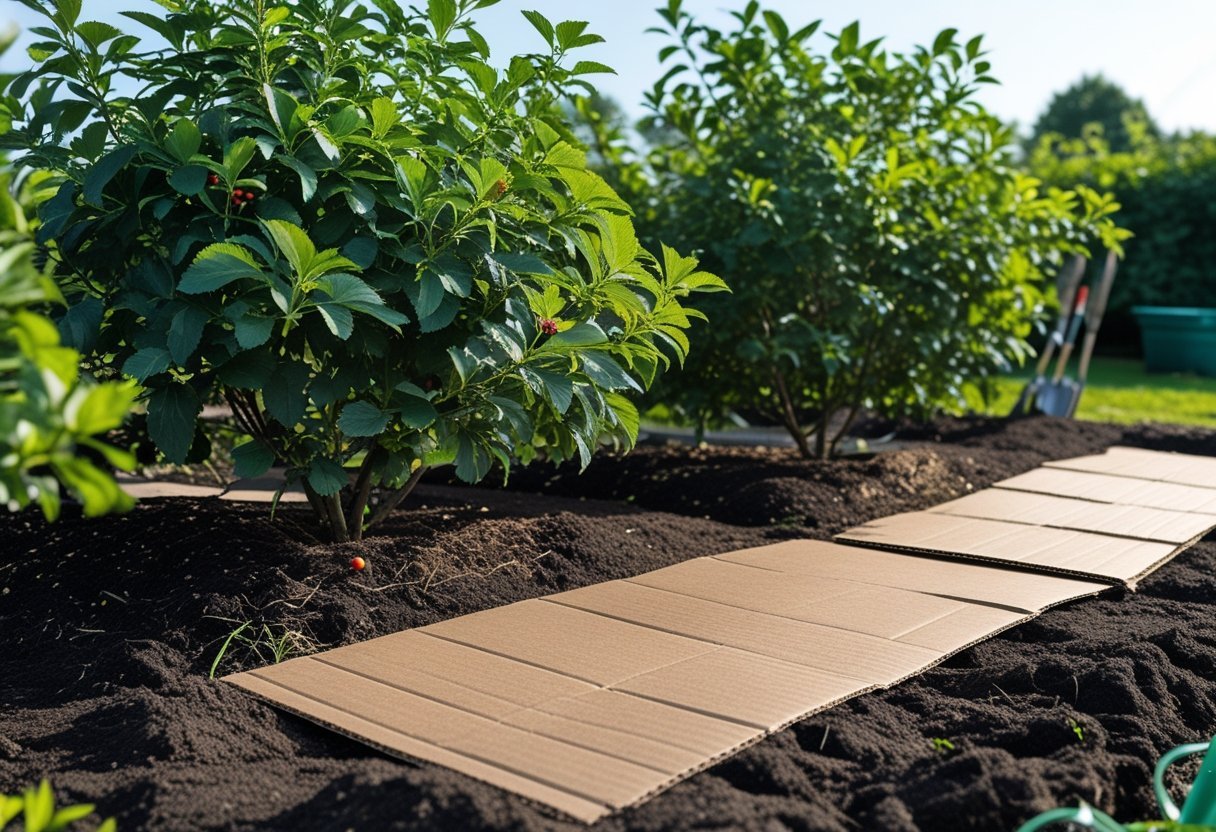 Berry bushes in a garden with cardboard sheets spread underneath as mulch covering the soil around the plants.