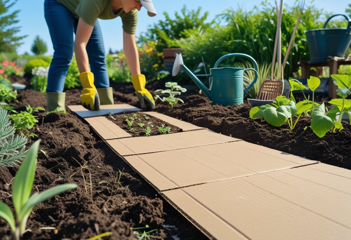 A person laying cardboard sheets on soil to prepare a garden bed for native plants outdoors.
