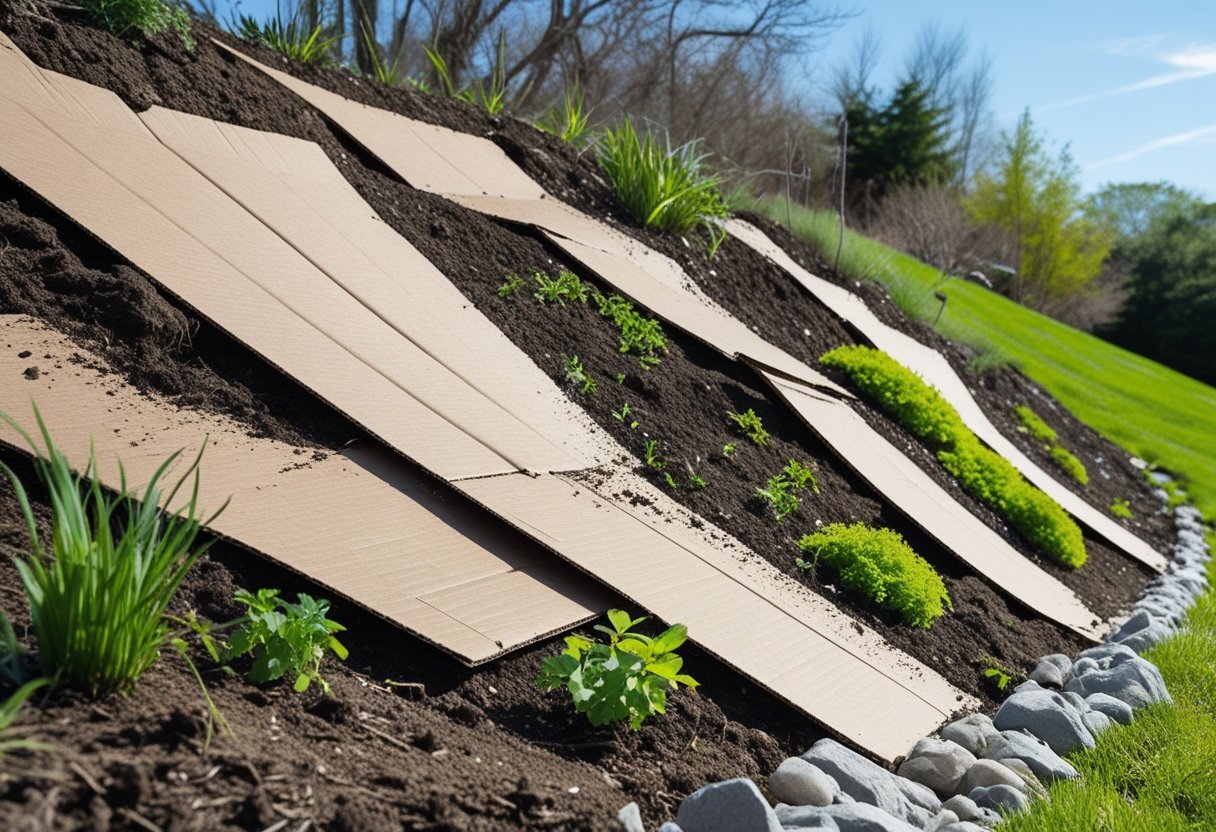 A sloped garden covered with cardboard sheets used as mulch to prevent erosion, with young plants growing through and surrounding greenery.