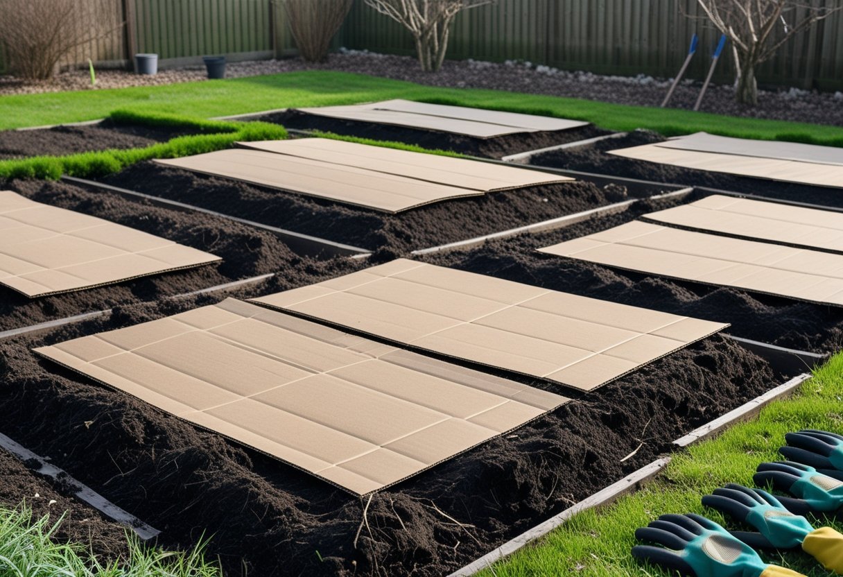 Garden beds covered with cardboard sheets as mulch in an off-season garden setting.