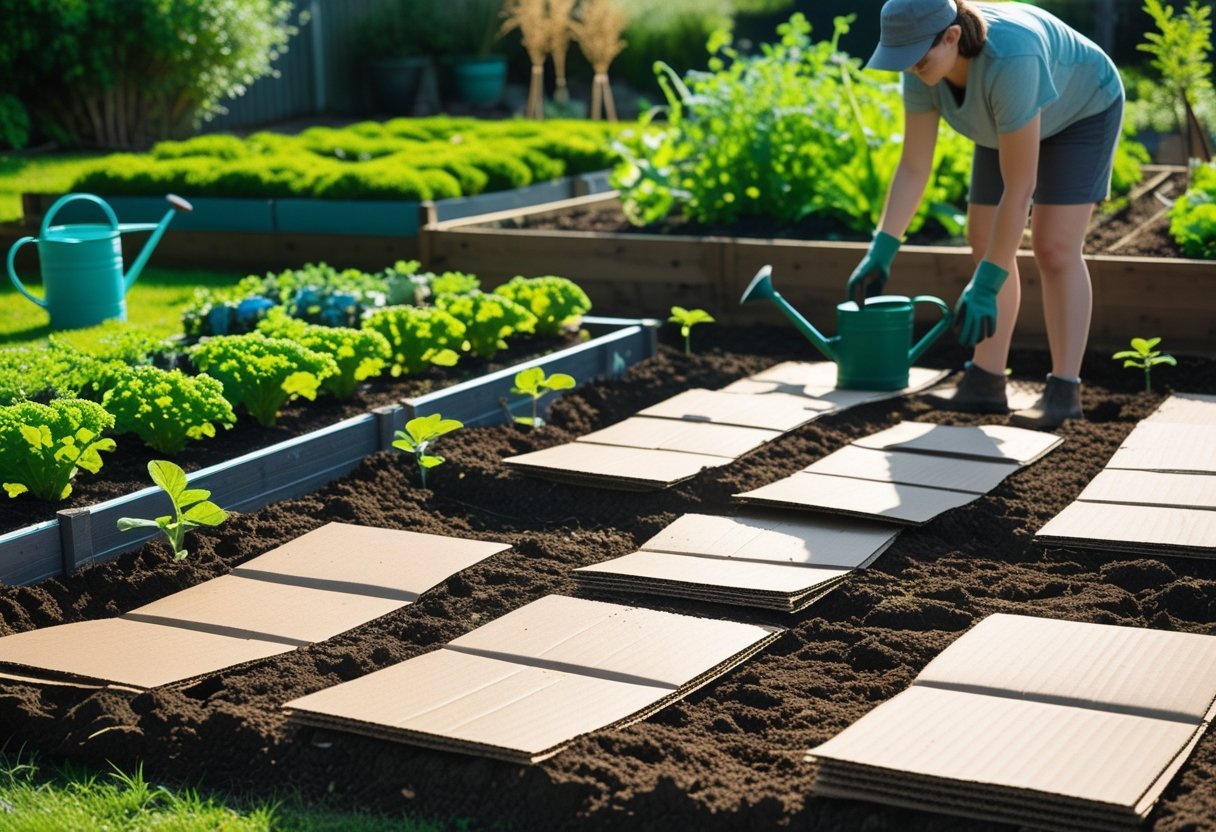 A person laying cardboard sheets over soil to create no-dig garden plots surrounded by gardening tools and green plants.