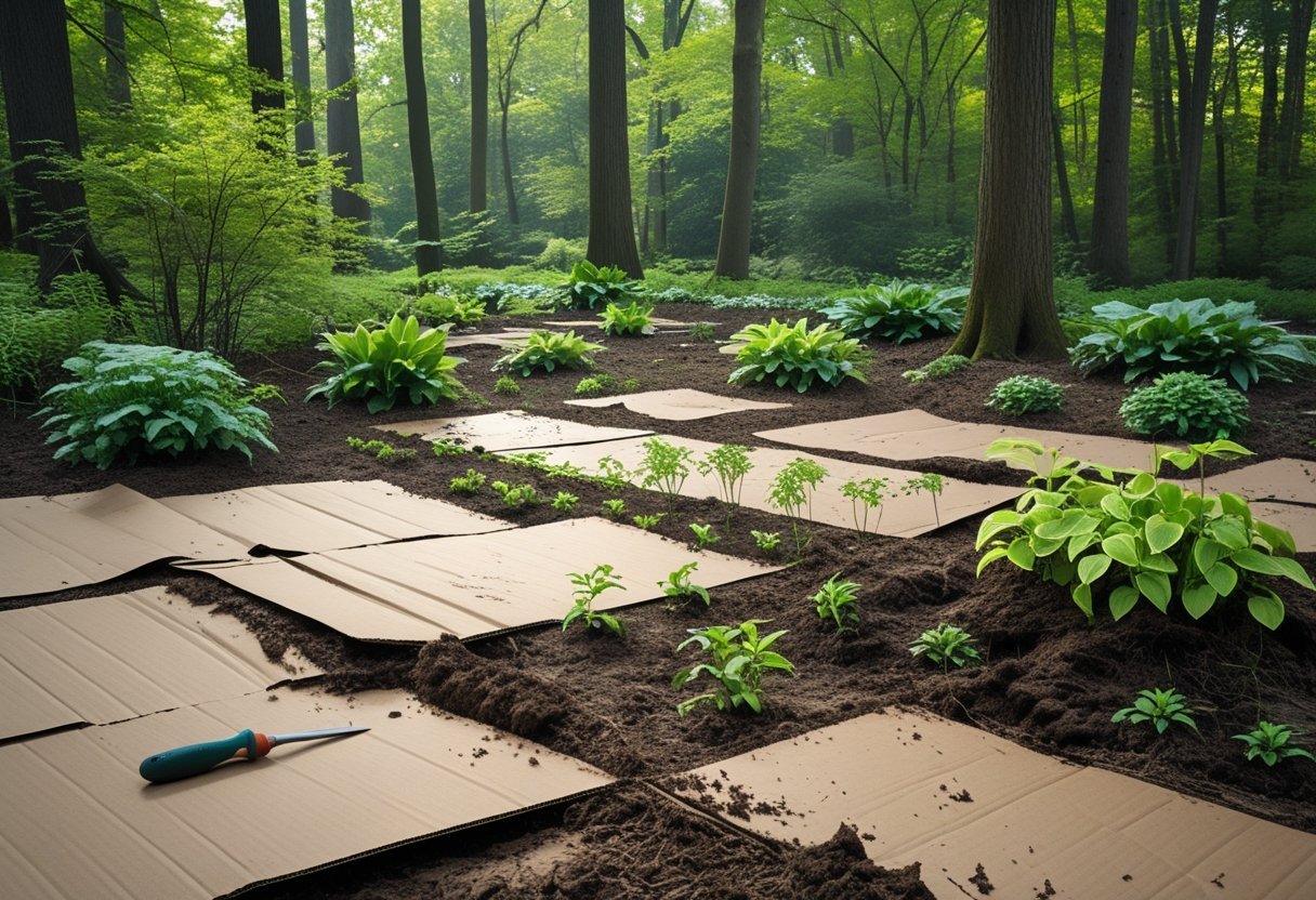 A woodland garden floor covered with cardboard sheets as mulch, surrounded by young plants and trees with gardening tools nearby.