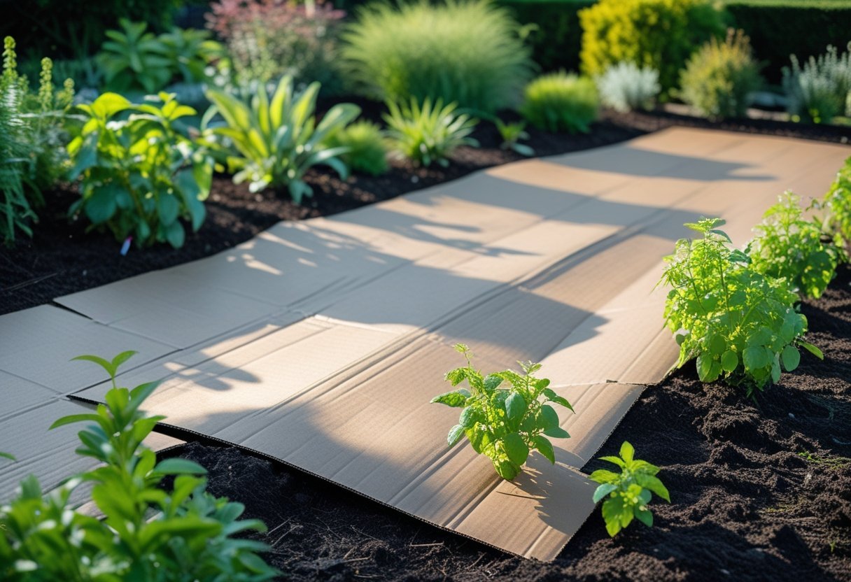 A garden bed covered with cardboard sheets used as mulch to suppress invasive plants, with green plants around it and soil underneath.