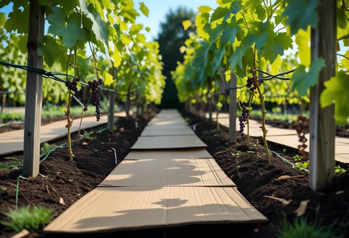 A garden with grapevines growing on wooden trellises, with cardboard sheets spread on the soil beneath the plants as mulch.